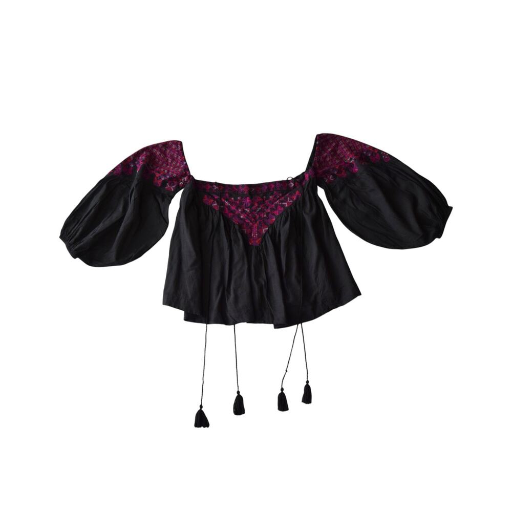 Free People Embroidered Peasant Top Black Boho Puff Sleeve S